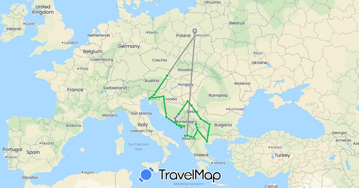 TravelMap itinerary: bus, plane, train in Albania, Austria, Bosnia and Herzegovina, Bulgaria, Greece, Croatia, Italy, Montenegro, Macedonia, Poland, Serbia, Slovenia, Kosovo (Europe)